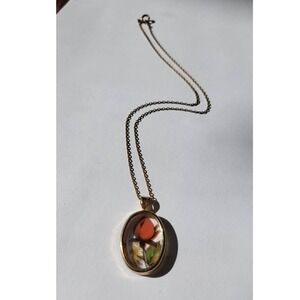 Oval Pendant Necklace with Orange Rose and Butterflies Vintage Brass Chain